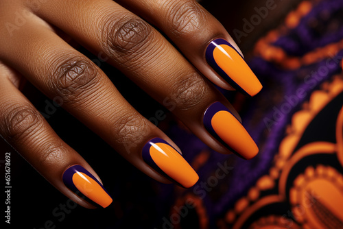 Fotografiet perfect manicure nails with Halloween themed purple and orange nail polish, nail