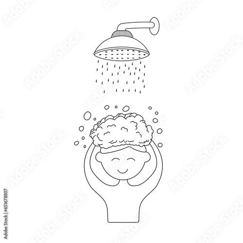 Hand drawn Cartoon Vector illustration boy washing his hair icon in doodle style