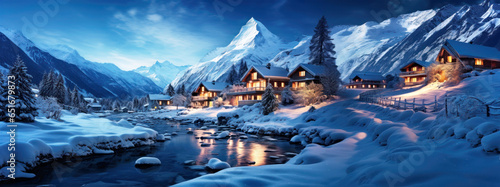 Alpine village at winter night with stream running through. Snowy landscape at night with some buildings lit up, in the Swiss style. © Denniro