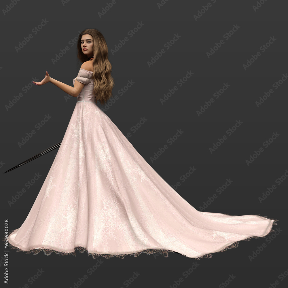 3D Rendering Illustration of Beautiful and Sexy Royal Fantasy Woman in Large Pink Gown and Isolated on Dark Background 3D Rendering Illustration of Beautiful and Sexy Royal Fantasy Woman in Large Pink Gown and Isolated on Dark Background