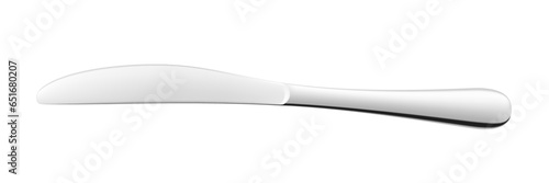Table knife. Stainless steel glossy metal knife, isolated on white background. Kitchenware Mockup. Realistic 3d vector illustration. Kitchen utensils for eating, tableware for restaurant serving