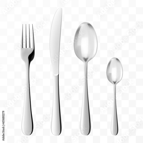 Stainless steel glossy metal cutlery isolated on transparent background. Spoon, teaspoon, forks, knife, realistic 3d vector illustration. Kitchen utensils for eating, tableware for restaurant serving.