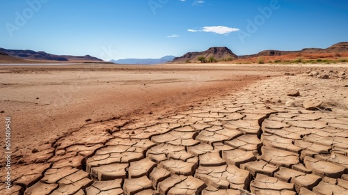 Dried desert landscape with cracked earth, barren terrain, and withered vegetation. A parched, arid environment with remnants of water and life contrasted with extreme dryness and water scarcity.