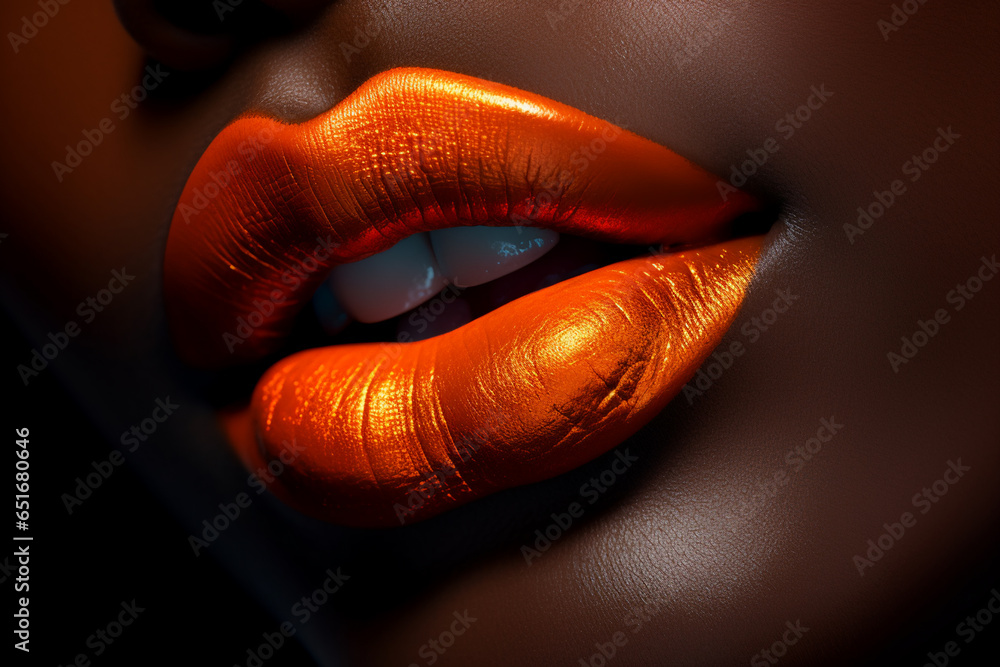 close up detail of black woman's lips with bright orange lipstick, Halloween inspired close up detail of black woman's lips with bright orange lipstick, Halloween inspired