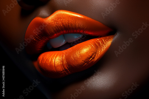 close up detail of black woman's lips with bright orange lipstick, Halloween inspired
