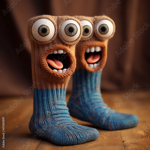 A funny socks laughing with big eyes and tongue out created with Generative Ai © Andrii Yablonskyi