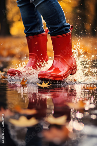 Red rubber boots on children's feet jump in splashes of water