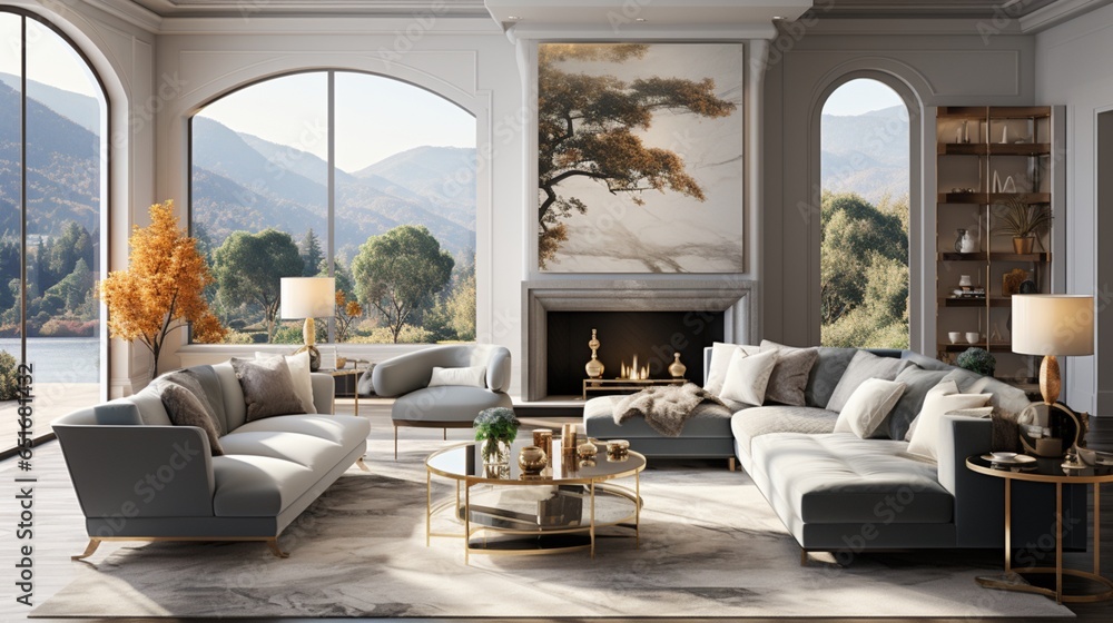 Hollywood regency style interior design of a modern living room with a gray fabric sofa and marble stone coffee table
