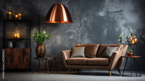 Home design with a copper floor lamp, a granite coffee table and an armchair in a modern living room with an empty wall © Newton