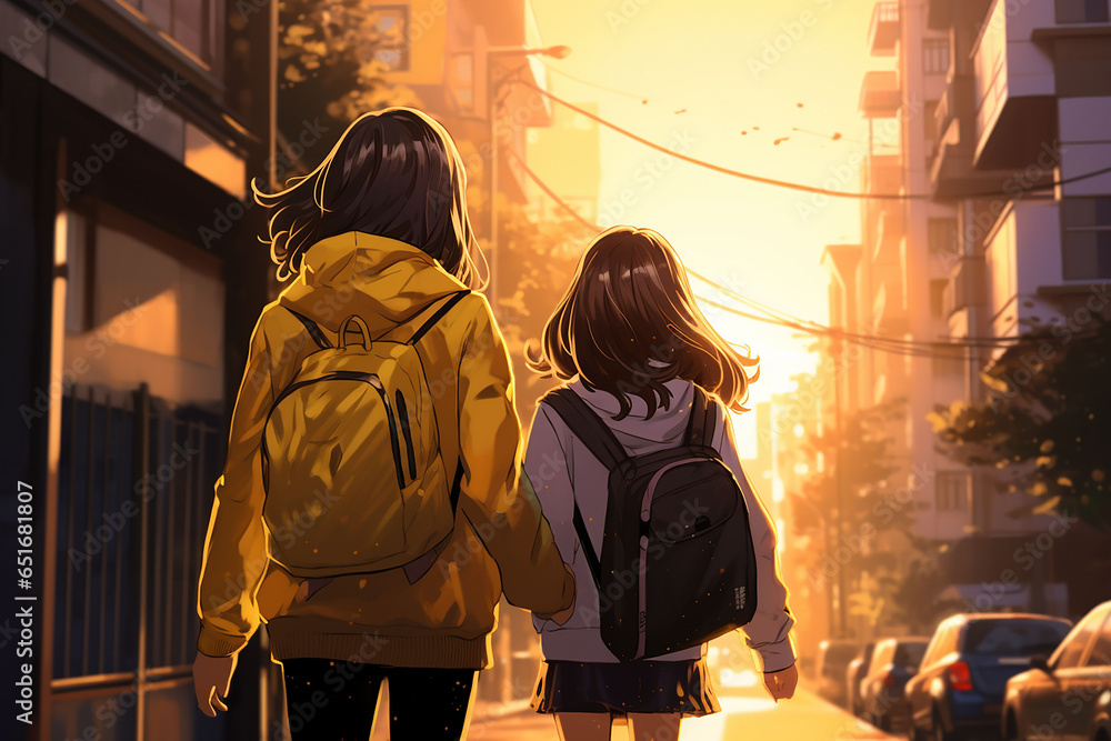 Two sisters with backpacks travel in the city on a clear day. - obrazy, fototapety, plakaty 