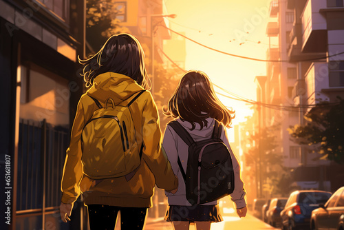 Two sisters with backpacks travel in the city on a clear day.