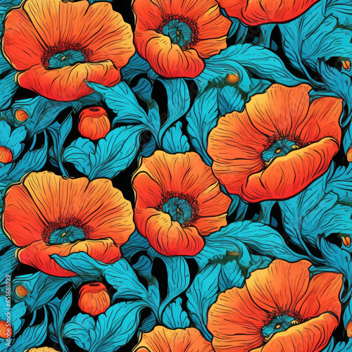 Vibrant poppy flowers in a repeating  seamless pattern, AI Generated © MSHAHID