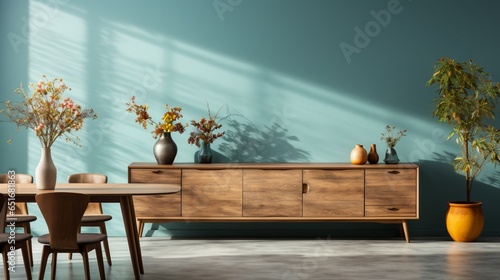 Home interior with a marble table and chairs in a modern dining room or living room, featuring a wooden sideboard over a blue wall