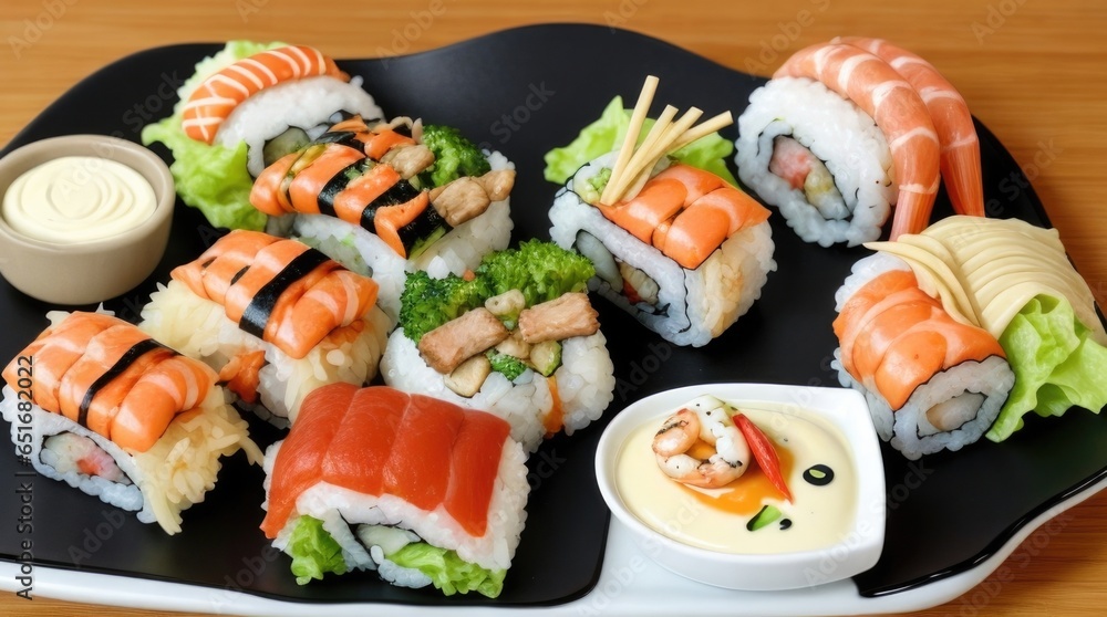 Delicious sushi tray with different snacks. Healthy food.