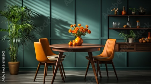 Home interior with a wooden round table and chairs in a modern dining room with green and orange walls, possibly for a cafe, bar, or restaurant photo
