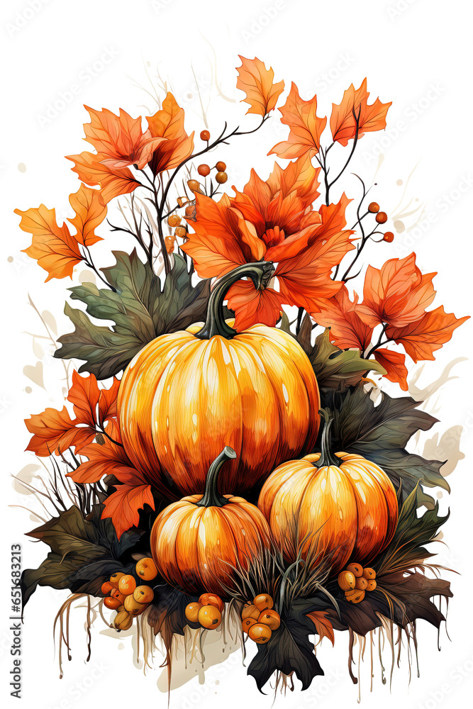 Watercolor pumpkin and autumn leaves. Pastel oil painting illustration isolated on transparent background.