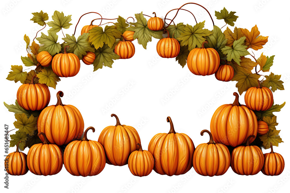 Festive autumn frame of pumpkins and leaves on white background. The concept of Thanksgiving or Halloween Festive autumn frame of pumpkins and leaves on white background. The concept of Thanksgiving or Halloween