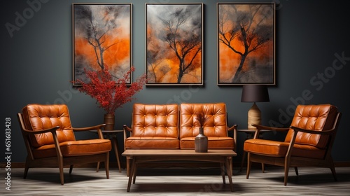 In a mid-century home interior design of a modern living room, a dark grey sofa and chair are placed against a grey wall adorned with three art frames