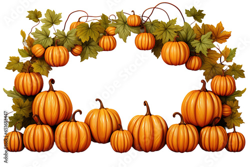 Festive autumn frame of pumpkins and leaves on white background. The concept of Thanksgiving or Halloween