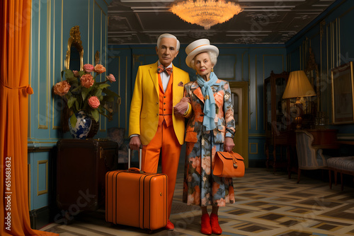 Elderly couple, old man and woman standing with suitcase in elegant hotel room. Fancy colorful stylish English clothes and decorations.