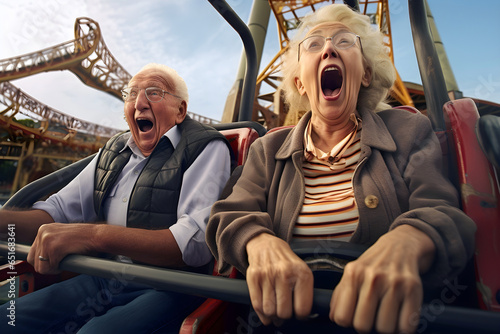 Elderly couple, old man and woman, shouting in a rollercoaster having fun in amusement park. Old people enjoying life having strong emotions