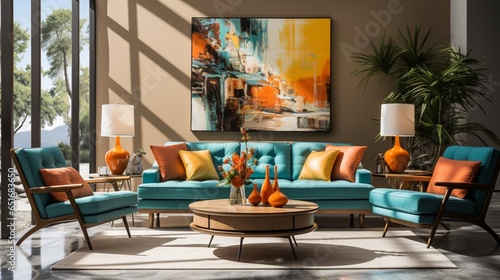 In a mid-century style home interior design of a modern living room, a grey sofa and turquoise lounge chairs create an inviting seating arrangement
