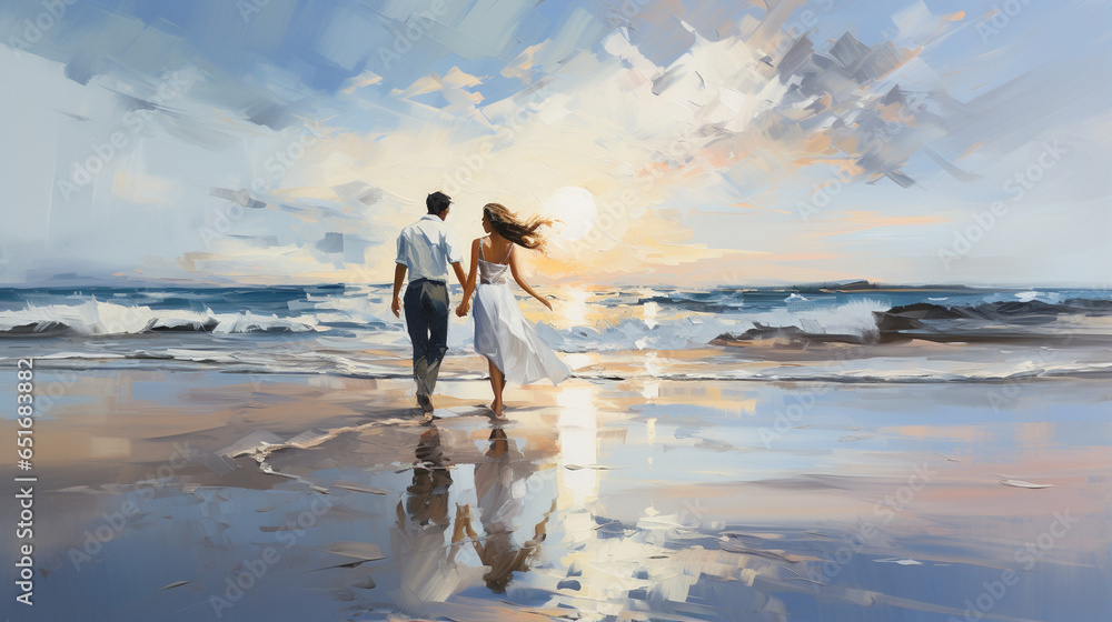 A fusion of hues dances across the canvas, melding passion with nature. Brushstrokes caress the scene, crafting a couple in tender embrace beneath a cerulean sky. Their silhouettes A fusion of hues dances across the canvas, melding passion with nature. Brushstrokes caress the scene, crafting a couple in tender embrace beneath a cerulean sky. Their silhouettes