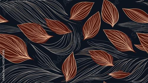 Luxury floral pattern with hand drawn leaves. Elegant astract background in minimalistic linear style. 