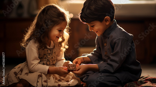 A heartwarming image capturing a sister's affectionate gesture as she ties a rakhi on her brother's