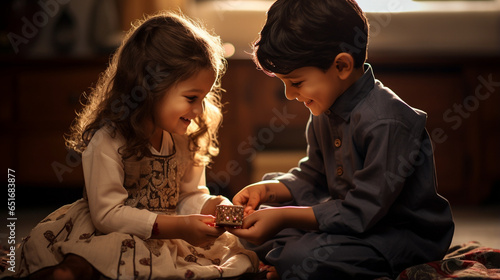 A heartwarming image capturing a sister's affectionate gesture as she ties a rakhi on her brother's photo