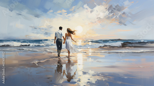A fusion of hues dances across the canvas, melding passion with nature. Brushstrokes caress the scene, crafting a couple in tender embrace beneath a cerulean sky. Their silhouettes photo