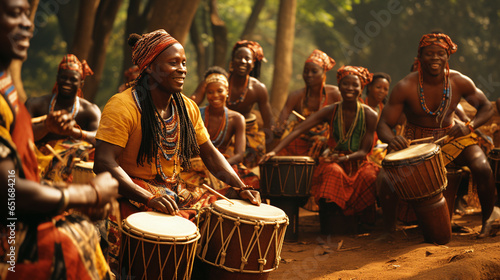 A lively musical performance by a group of musicians playing traditional instruments like drums fl photo