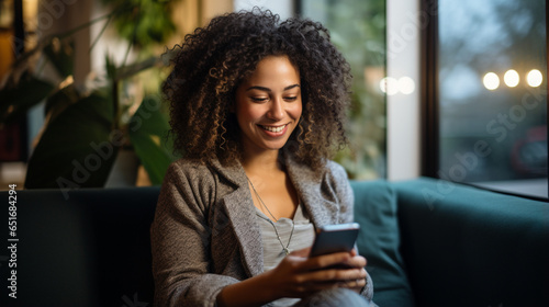 Joyful and calm young woman seated on a sofa engrossed in her cellphone displaying a cheerful expr photo