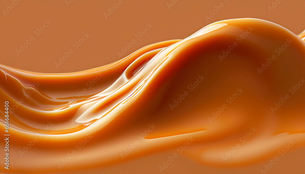 Fototapeta premium Delicious melted caramel texture. Flow, wave and drops splash caramels sauce. Sweet food design background.