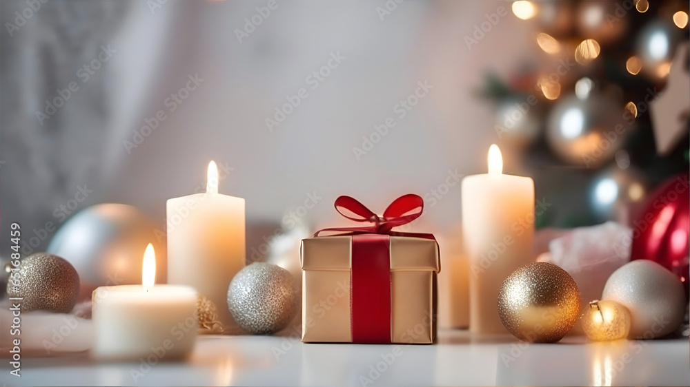 Christmas decoration and New Year Holidays composition on desk with blur background Christmas decoration and New Year Holidays composition on desk with blur background