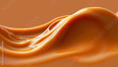 Delicious melted caramel texture. Flow, wave and drops splash caramels sauce. Sweet food design background.