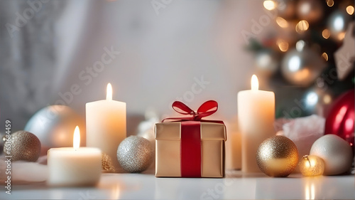 Christmas decoration and New Year Holidays composition on desk with blur background