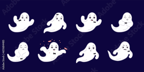 Ghost with different emotions. Vector illustration cute white ghost. Halloween, mischief concept.