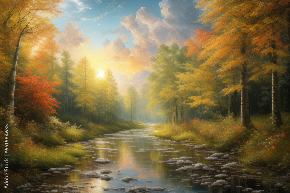 Obraz premium Autumn deciduous forest river under gentle sunlight, Generative AI