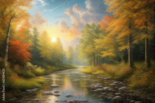 Autumn deciduous forest river under gentle sunlight, Generative AI