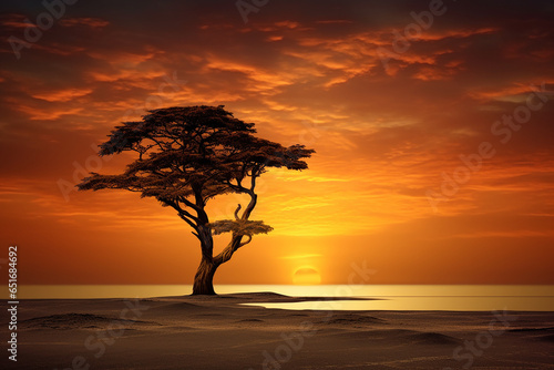 A solitary black cypress three standing tall against a golden sunset sky created with Generative Ai