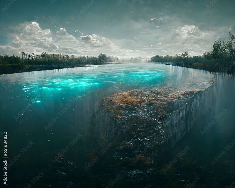 imagine surreal flat grey concrete wall down which coloured water flows ultra photorealistic 4k 3d octane render 