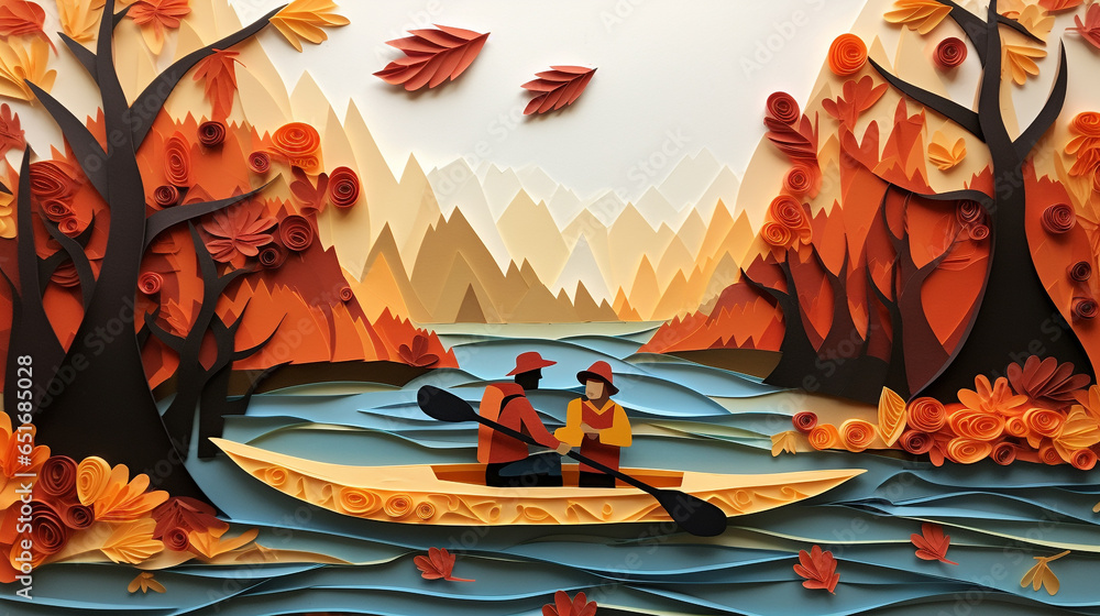 Autumn nature scene of a kayaking couple red amid red and golden trees, in the style of paper cut shapes and layered paper