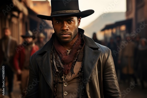 Photo portrait of a cowboy in a hat, Gunslinger, dusty town, high noon