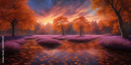 Pond and purple grass in an Autumn forest at dusk, Generative AI © Kredik
