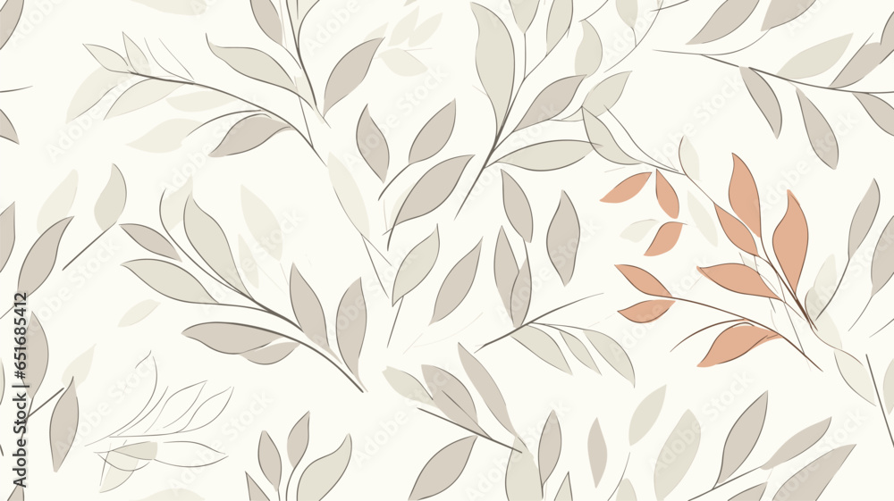 Seamless pattern with one line leaves. Vector floral background in trendy minimalistic linear style.