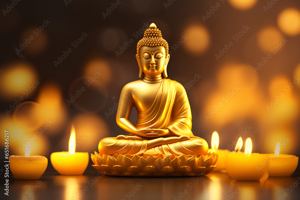 Buddha statue among candles and lotus flowers, blurred golden background