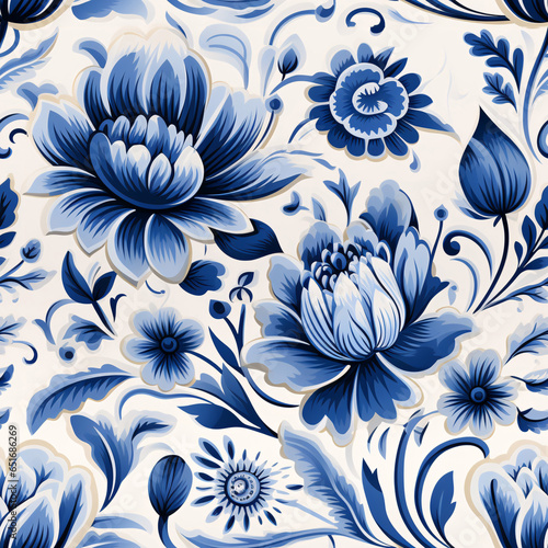 Seamless Dutch-inspired watercolor gouache pattern in blue, perfect for fabric prints or wallpaper..