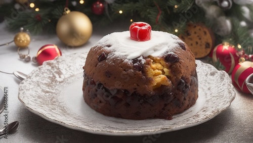 Christmas pudding decorated with powder sugar