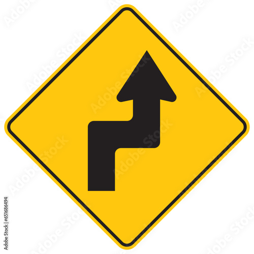 curva y contracurva cerrada primera a la derecha, icono, vector, símbolo, silueta, ilustración, señal de prevención, señal color amarillo, pictograma, rombo, preventivo, señales, imagen, indicar, norm